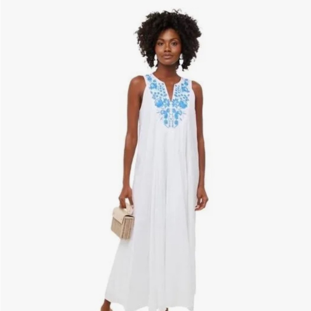 Tuckernuck White and Blue Embroidered Cyprus Maxi Dress Sz M NWT